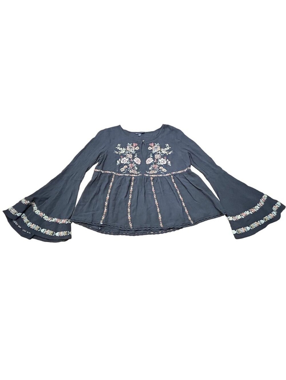 American Eagle Outfitters Embroidered Bell Sleeve Grey Peasant Top Women’s Sz S